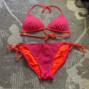 NWOT Xhilaration Neon Pink Orange Lace String Bikini Set